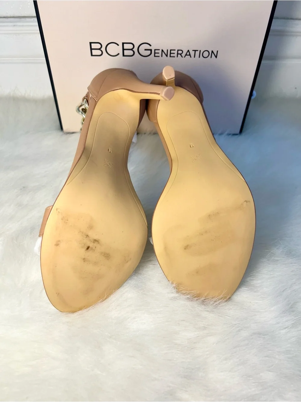 BCBGeneration Jadia Tan High Heel Sandal with Gold Chain Ankle Strap